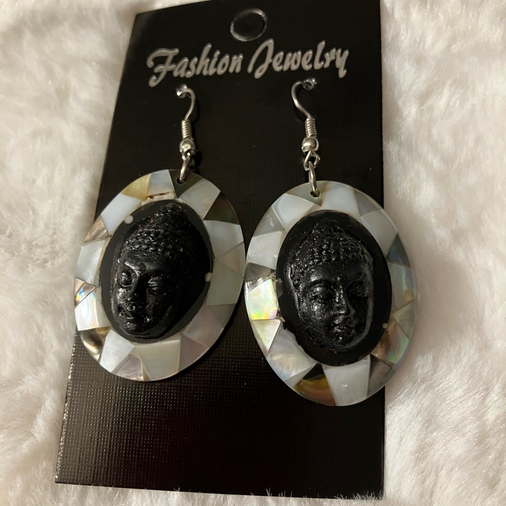 Vintage Black  and Silver Buddha Earrings